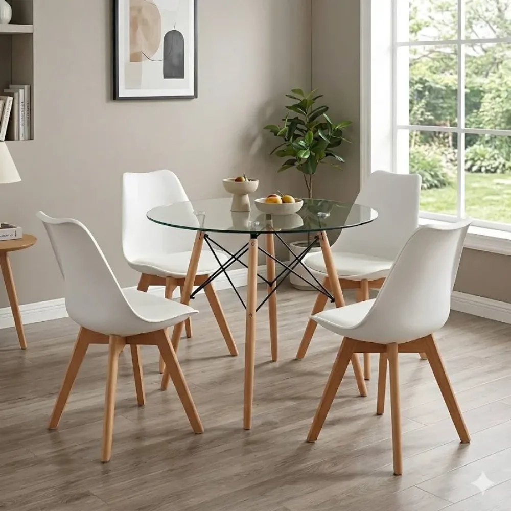 JUEGO DE MESA JR MESA VIDRIO 1,20 + 4 SILLAS TULIP