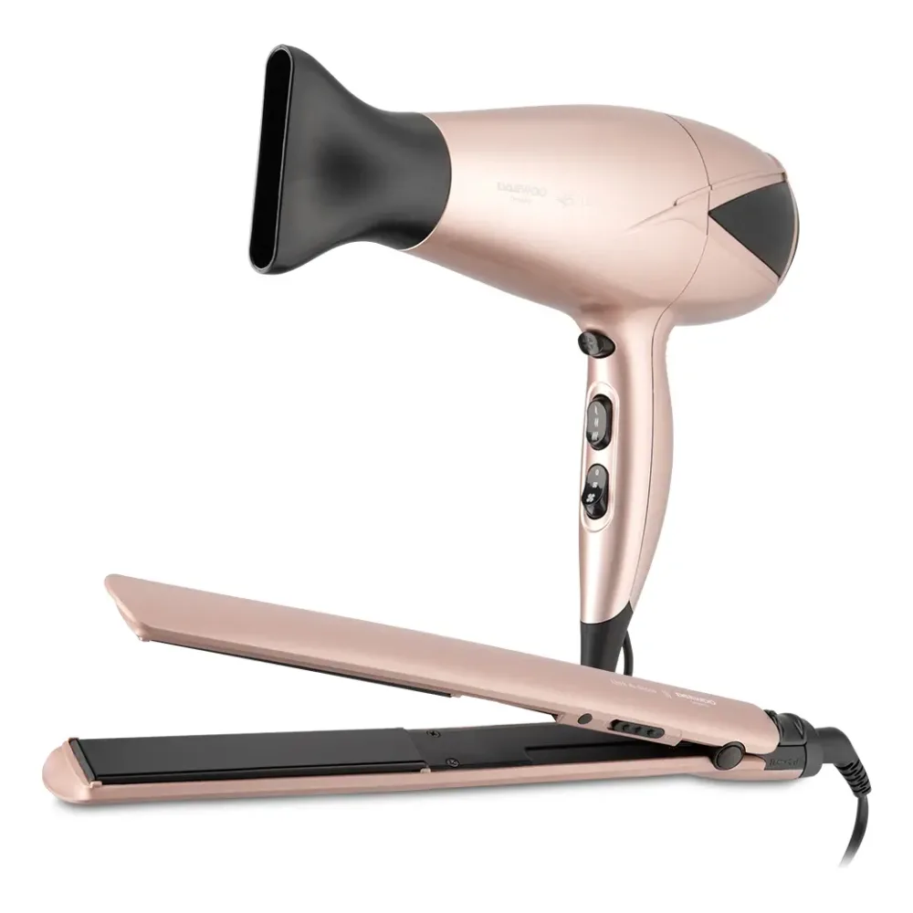 COMBO DE SECADOR Y PLANCHITA DE PELO DAEWOO ROSA