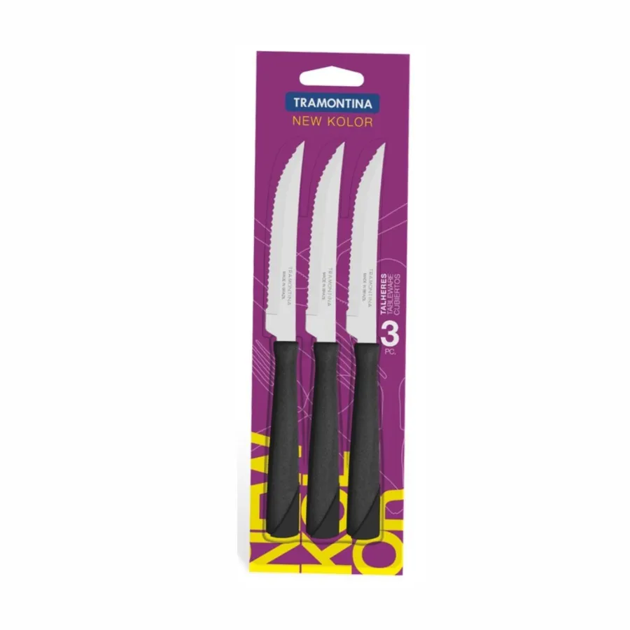 CUCHILLO P/ASADO TRAMONTINA 23160/304 NEW KOLOR 3PZS NEGRO