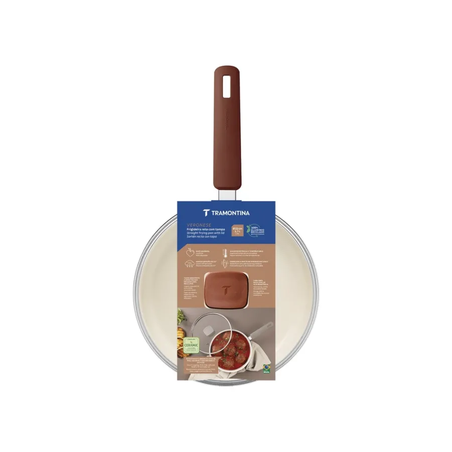 SARTEN RECTA TRAMONTINA 28622/422 VERONESE 22CM ARCILLA C/TAPA VIDRIO